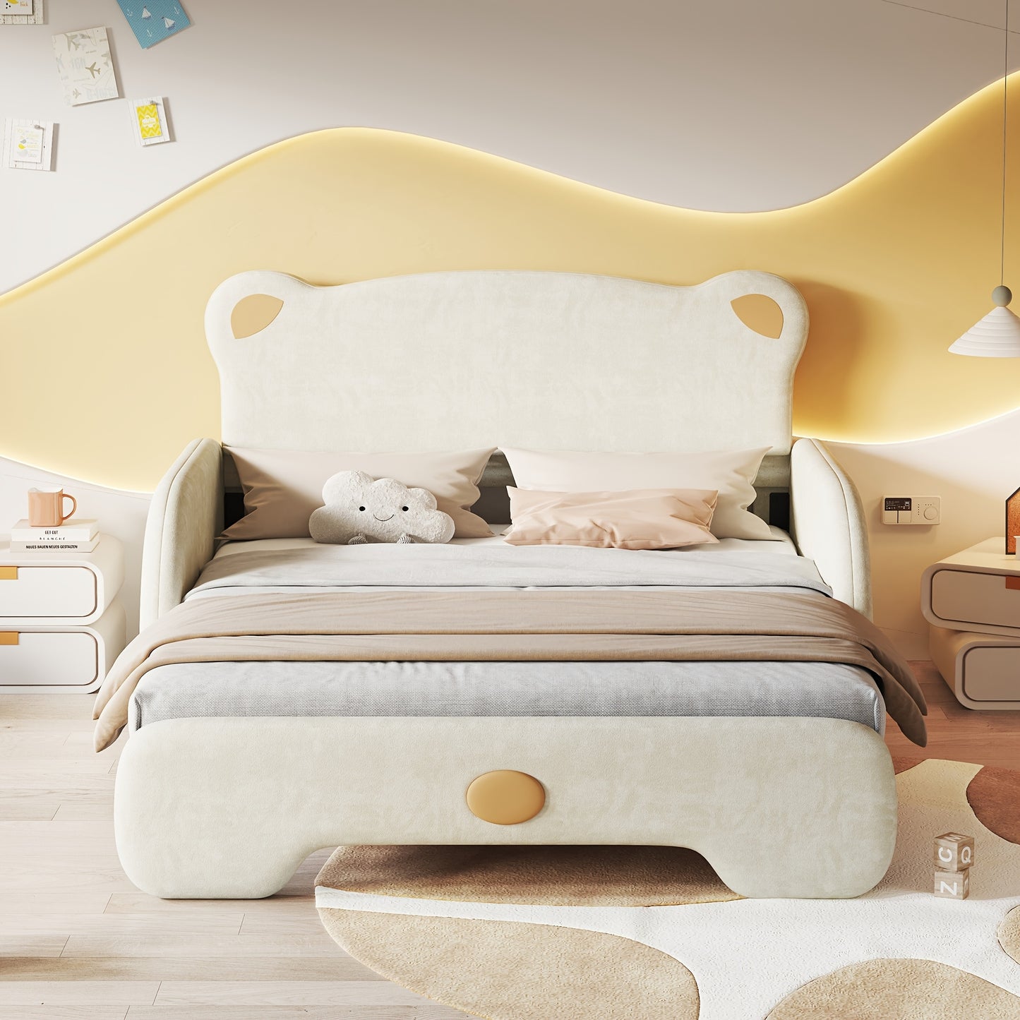 Berenbed – Berenbedbank – Kinderbed – Slaapbank – Uitschuifbed – Beige Kleur – Zachte Beschermranden – Duurzaam Bamboe Materiaal