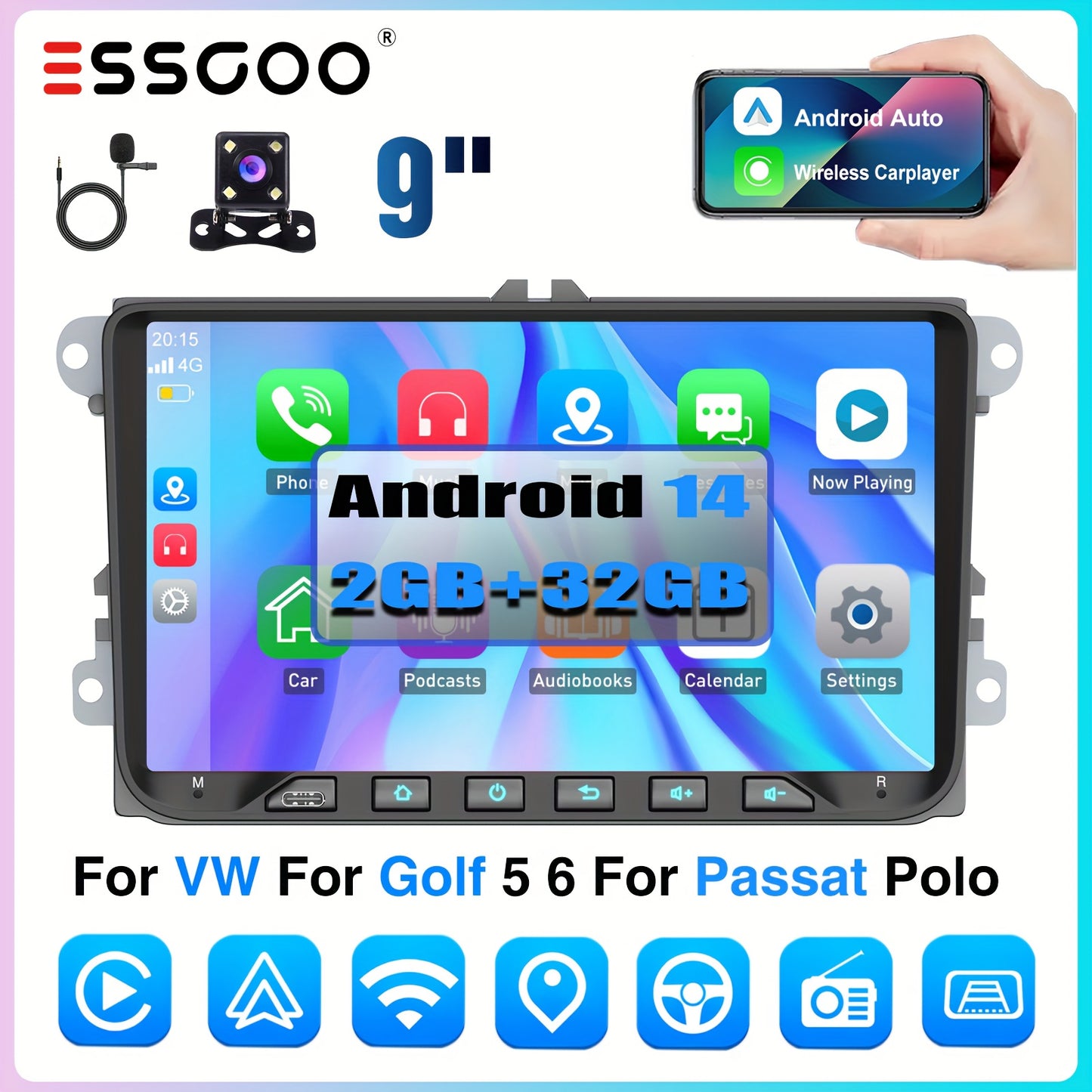 ESSGOO 2GB+32GB Car Stereo Multimedia Player Android 14 Auto Radio for VW for Golf MK5 MK6 for Passat for Jetta Tiguan Touran Sharan Caddy 9 Inch/22.86cm IPS Screen Touch Display with Wireless Carplayer, Android Auto, Canbus