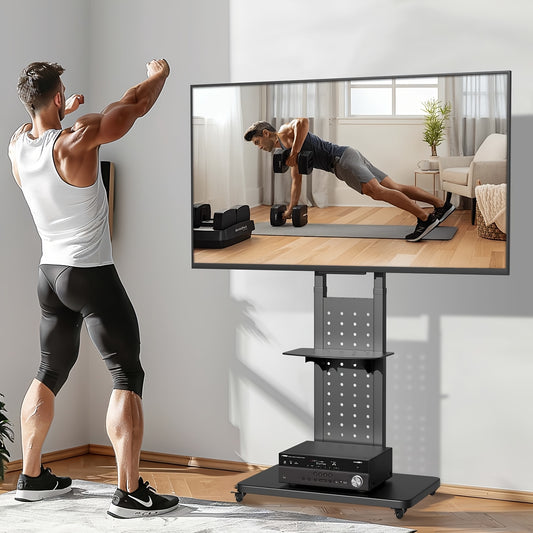 Verstelbare TV-Standaard – Voor 81-165 cm Schermen, Zwart – Stevig Metalen Vloermontage met Draaifunctie, Hoogteverstelling en Wieltjes