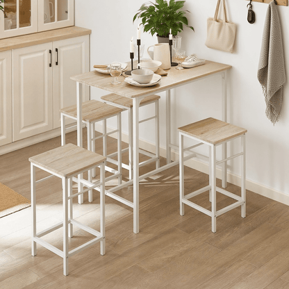 Bartafel – Barset – Keukentafel – Bistrotafel – Eettafel – MDF Met Houtfineer – Inclusief 4 Krukken – Compact Ruimtebesparend Design