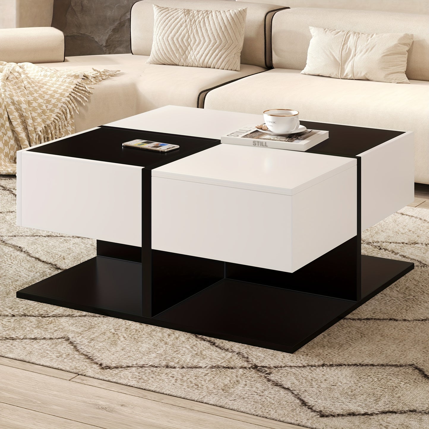 Salontafel – Woonkamertafel – Koffietafel – Bijzettafel – Tafel – Vierkant – 70x70x35,5 cm – 2 Soft-Close Lades – Zwart-Wit Modern Design