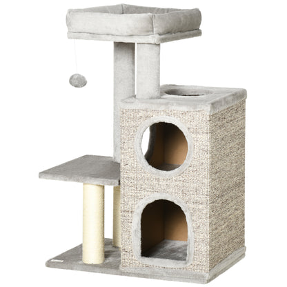 Krabpaal – Kattenkrabpaal – Kattenboom – Krabmeubel – Kattenhuis – Met Kattenhol En Speelbal – 91 cm Hoog – Lichtgrijs Met Natuurlijke Kleuren