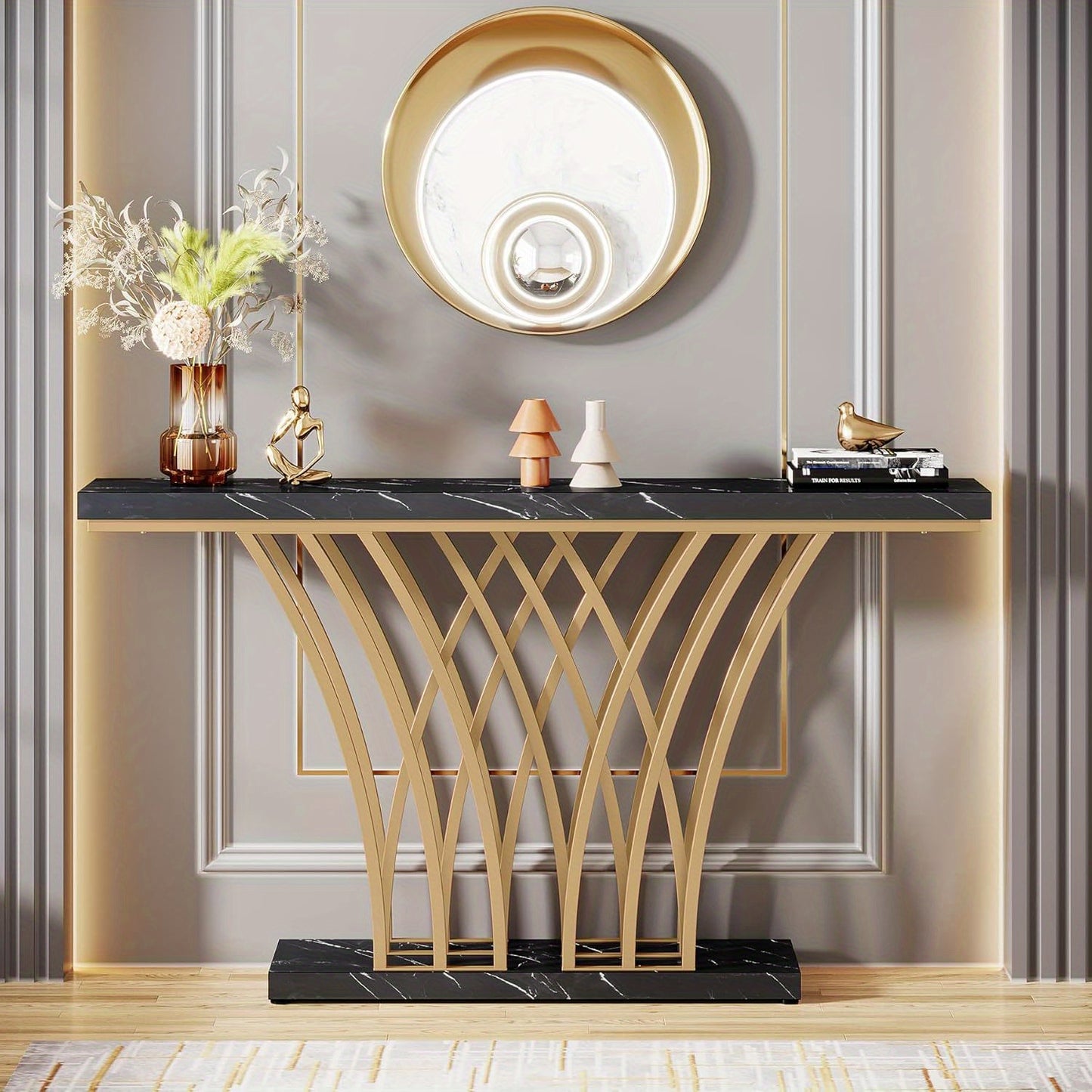 Sidetable – Console Tafel – Entree Tafel – Halmeubel – Woonkamer Meubel – Zwart Met Gouden Accenten – 150 cm Lang Met Stevig Metaal Frame