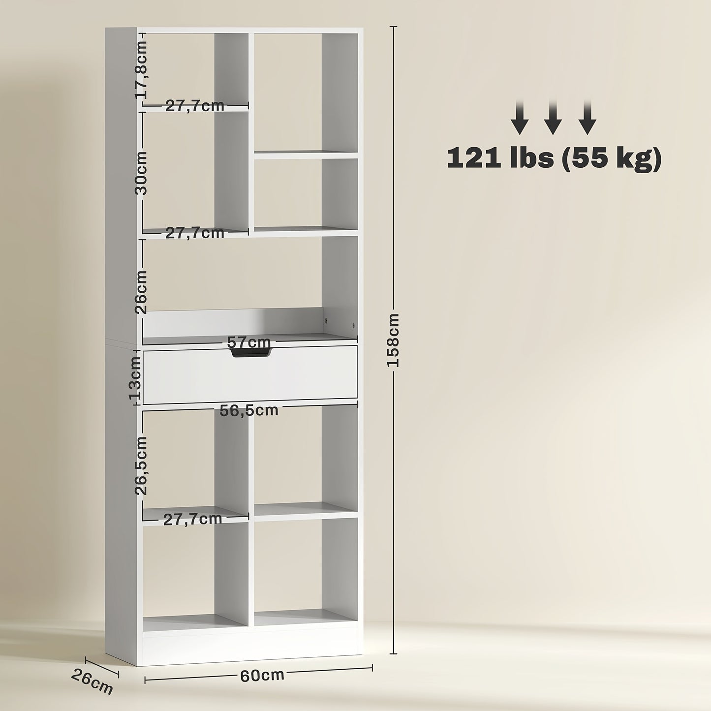 Boekenkast Staande Kast – Boekplank – Opbergkast – Vakkenkast – Ladenkast – Wit – 9 Planken – Anti-Kantelbescherming – 60x26x158 cm – Stevig Metalen Frame