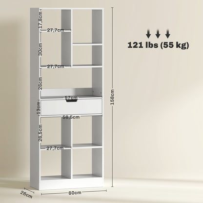 Boekenkast Staande Kast – Boekplank – Opbergkast – Vakkenkast – Ladenkast – Wit – 9 Planken – Anti-Kantelbescherming – 60x26x158 cm – Stevig Metalen Frame