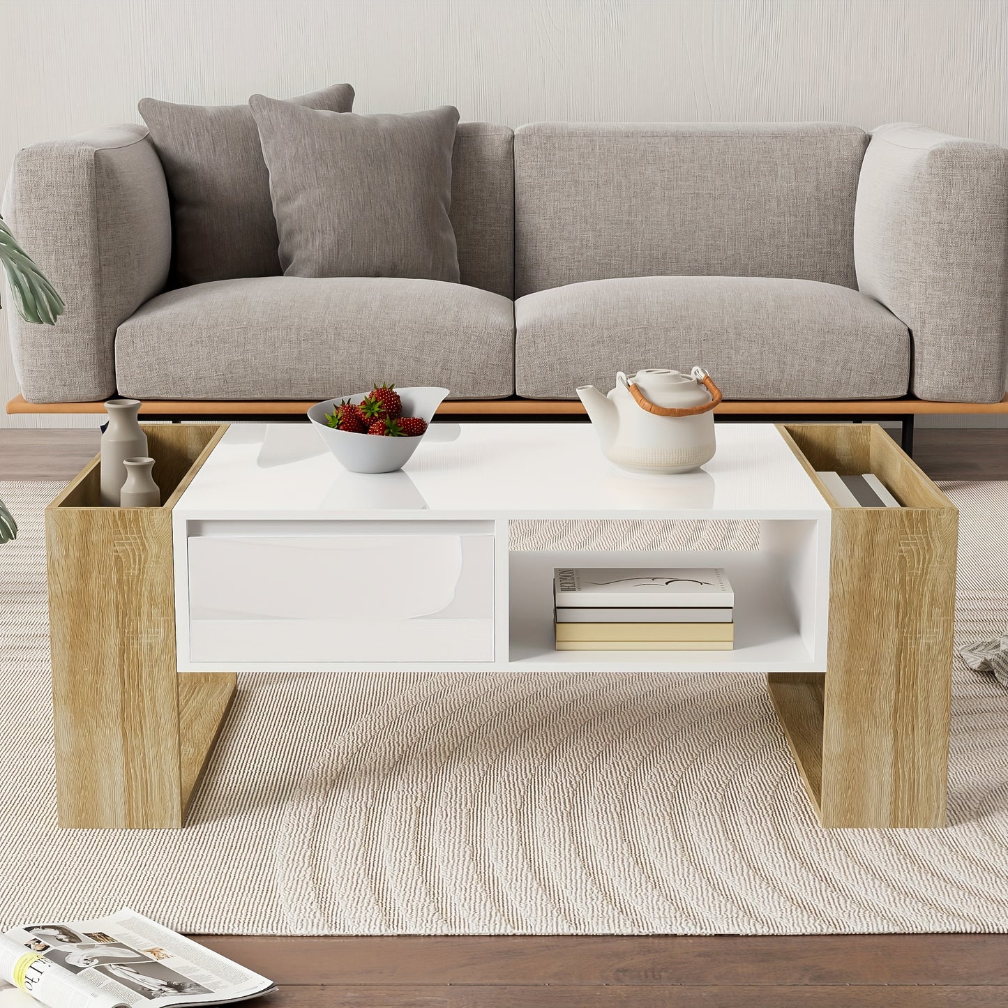 Modern Coffee Table 105 X 60 X 40 Cm - Partially High Gloss, With Drawers And Open Compartments