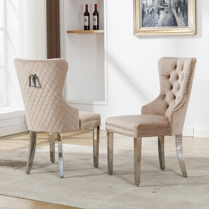 Dining room chair Kitchen chair Living room chair with unique door knocker on the back 2pcs Upholstered chair with nail head trim Support legs made of metal Cover made of beige velvet, Kitchen Seating, Vintage Style Chair, Cl