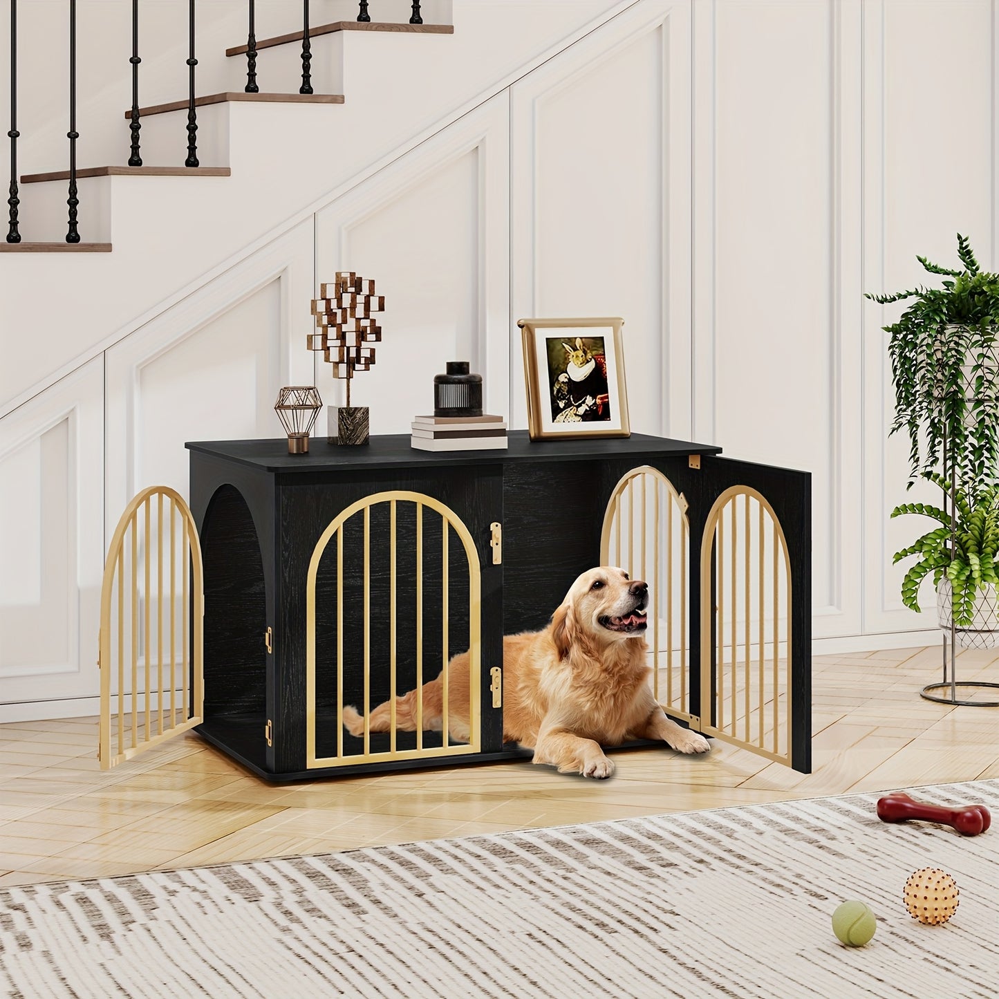 Hondenbench – Hondenkooi – Hondenhok – Hondenkuil – Huisdierbench – Zwart-Gouden Kleur – Stevige Stalen Constructie – Drie Deuren Met Zijtafel