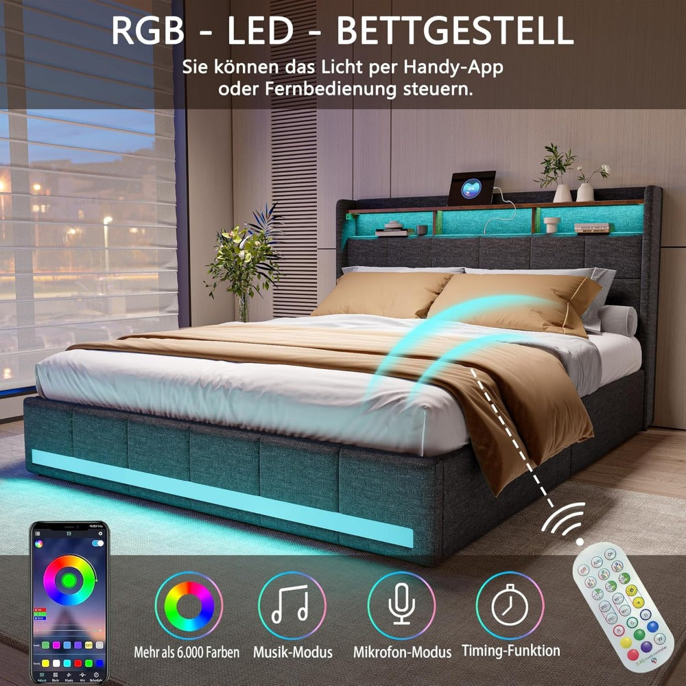 Gestoffeerd Tweepersoonsbed – Opbergbed – Ladebed – Led Bed – Slaapbank – 160x200 cm – RGB LED Verlichting – USB & Type-C Oplaadpoort