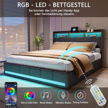 Gestoffeerd Tweepersoonsbed – Opbergbed – Ladebed – Led Bed – Slaapbank – 160x200 cm – RGB LED Verlichting – USB & Type-C Oplaadpoort