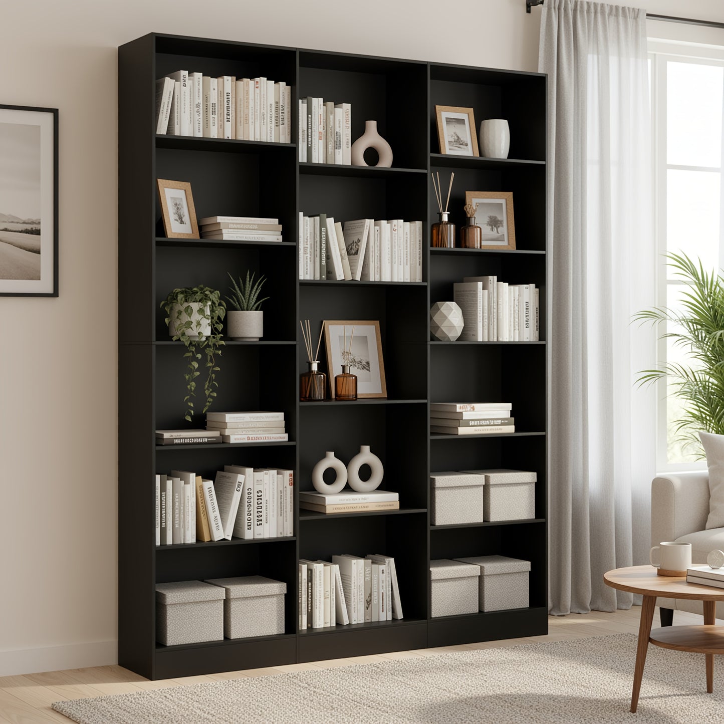 Boekenkast – Boekplank – Opbergkast – Boekrek – Vitrinekast – Vrijstaand – Groot Opbergvolume – Duurzaam Spaanplaat – Zwart