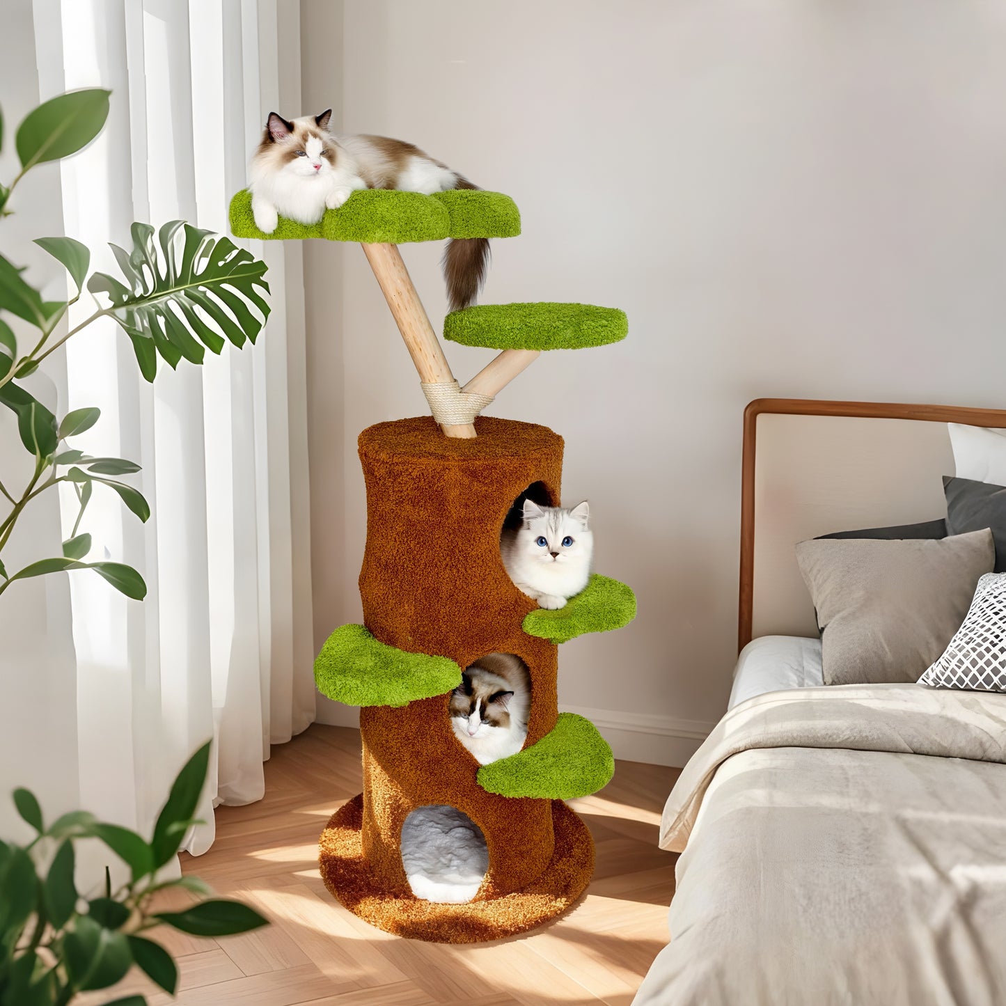 Bingopaw Cat Tree 148cm, Sturdy and Durable Cat Scratching Post, Cat Furniture with Toy Ball and Cat Condo, Cat Climbing Tree, Cat House, Cat Scratching Tower, Solid Wood Material, Large Cat Trees for Indoor Cats, Cat Tree fo