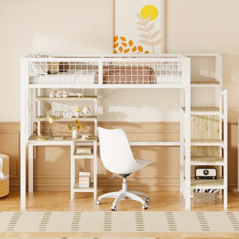 Hoogslaper – Kinderhoogslaper – Stapelbed – Eenpersoonsbed – Kinderbed – Met Veiligheidsladder – Metalen Kledingkast en Wit Bureau – 90x200 cm – Ruimtebesparend Design