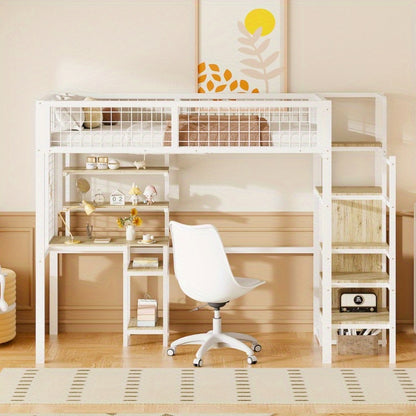 Hoogslaper – Kinderhoogslaper – Stapelbed – Eenpersoonsbed – Kinderbed – Met Veiligheidsladder – Metalen Kledingkast en Wit Bureau – 90x200 cm – Ruimtebesparend Design