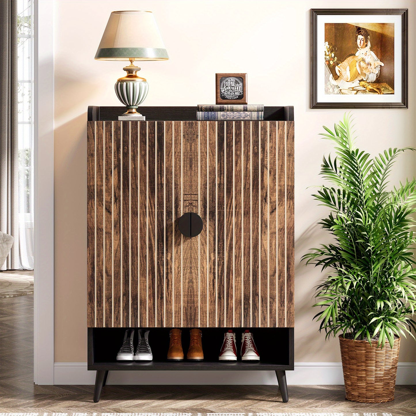 Schoenenkast – Schoenopberger – Schoenenrek – Schoenenschuifkast – Schoenmeubel – Rustic Brown Zwarte Afwerking – 6 Laags Met 3 Lades En 2 Deuren – Massief Hout En Kunststof Board – Compact 68,5 cm Hoogte