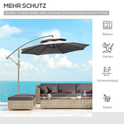 Parasol – Stokparasol – Zweefparasol – Buitenparasol – Terrasparasol – Extra Groot Ø2,67 m – Dubbele Kap & Stalen Frame – Lichtgrijs