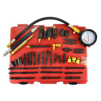 Compressietester – Drukmeter – Motorcompressietester – Cilinderdruktester – Testset – Geschikt Voor Benzine En Diesel – Meet Tot 40 BAR / 600 PSI – Inclusief Diverse Adapters – Met Opbergcase – Rood