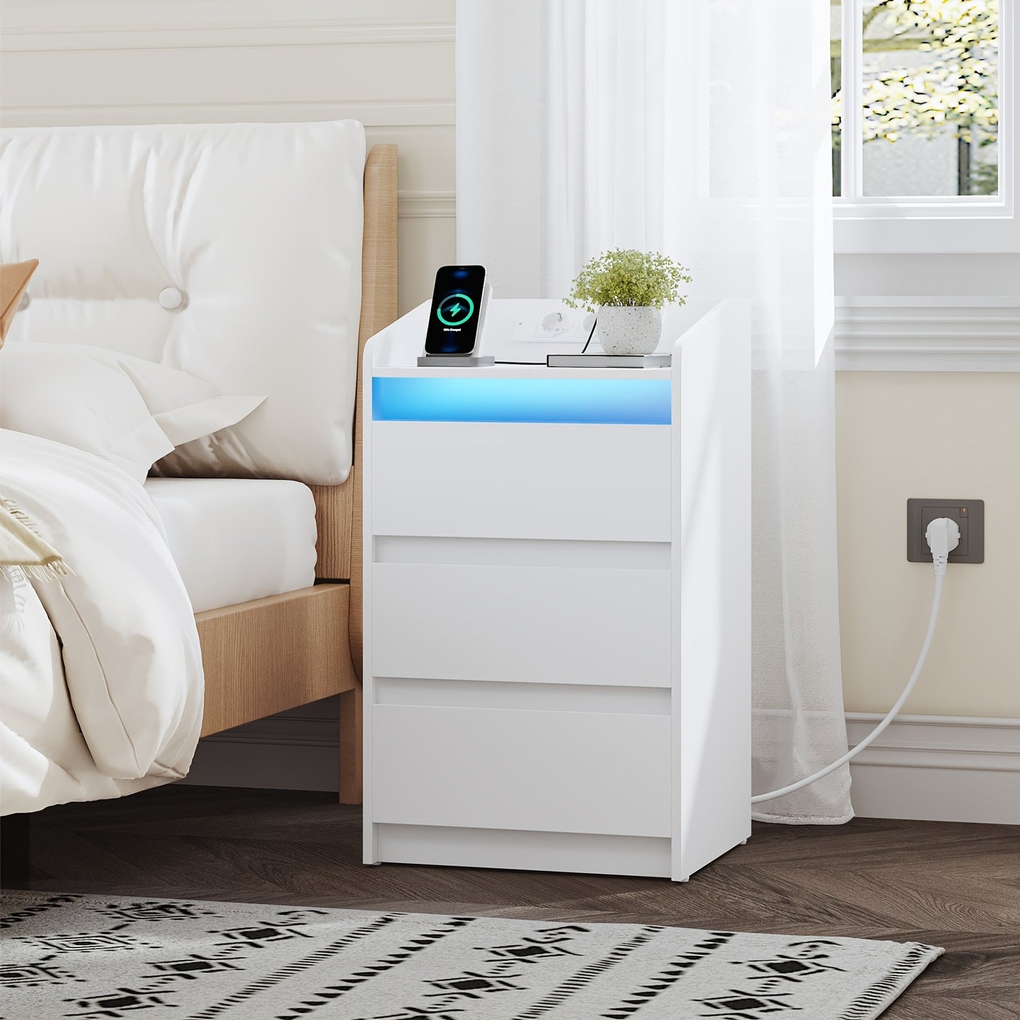 Nachtkastjes – Bedside Table – Nachtkastje Set – Opbergkastje – Bijzettafel – Met Oplaadstation en LED-verlichting – 2 AC Stopcontacten & 2 USB-poorten – Wit – 3 Lades – 35x40x68 cm