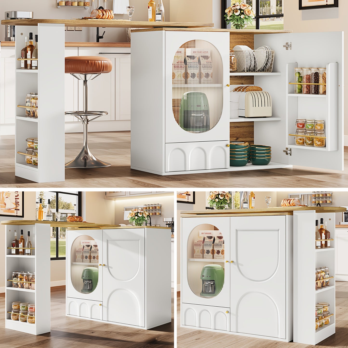 Barkruktafel – Bartafel – Bistrotafel – Statafel – Keukentafel – 360° Draaibaar – Hoog 138x39x102 cm – Wit met Walnoot – Drie Deuren met Opbergruimte – Verwijderbare Tussenwanden