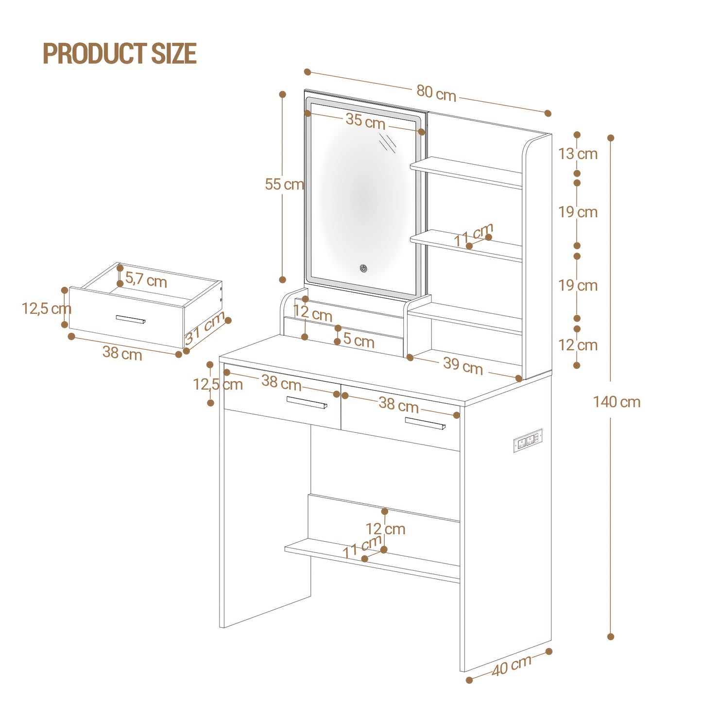 Kaptafel – Make-up tafel – Sieradendoos – Spiegelkast – Opbergmeubel – Wit – Verstelbare LED-verlichting – 2 Stopcontacten & 2 USB-poorten