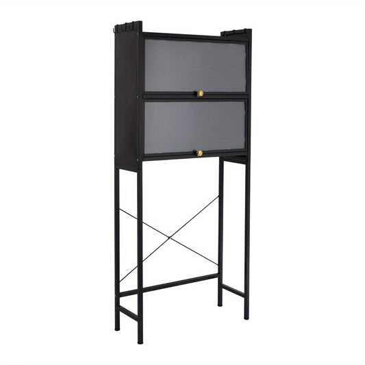 Wasmachine Kast – Wasruimte Kast – Opbergkast Wasmachine – Wasmachine Meubel – Vrijstaande Kast – Zwart Carbonstaal – 3 Planken & 6 Haken – 70x25x167 cm – Max. 50 kg Belastbaar