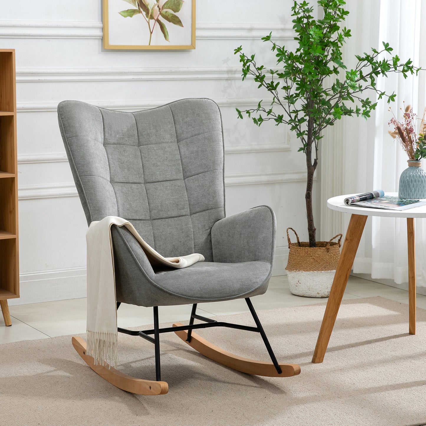 Schommelstoel – Schommelstoel Stoel Relaxstoel Rocking Chair – Grijs – Scandinavisch Design – Beukenhout Frame – Metaal – 66x84x97 cm – Comfortabele Hoogwaardige Schuimvulling