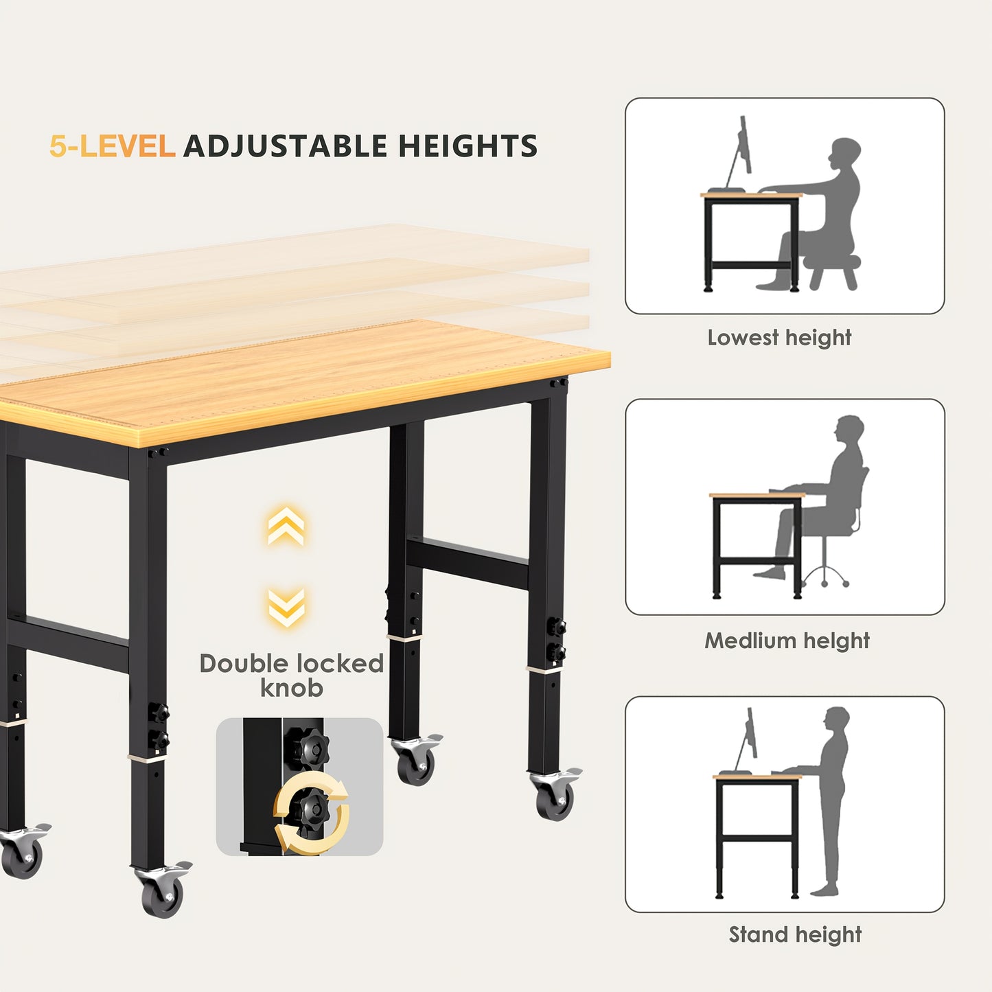 Werkbank – Werktafel – Werkstation – Inklapbare Tafel – Mobil Werkbank – Verstelbare Hoogte 85-105 cm – Rubberhout Met Massief Hardhouten Werkblad