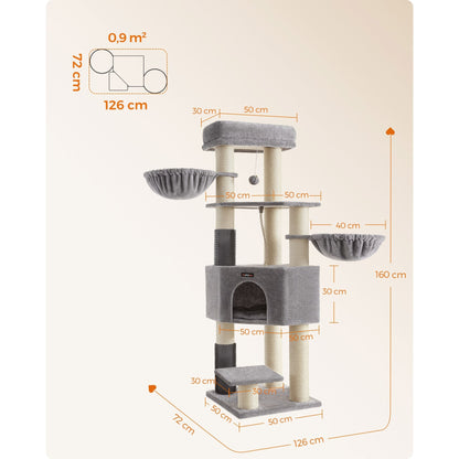 Krabpaal – Kattenboom – Krabmeubel – Kattenhuis – Krabstam – 160 cm Hoog – 9 Dikke Sisal Palen - Duifgrijs en Zwart