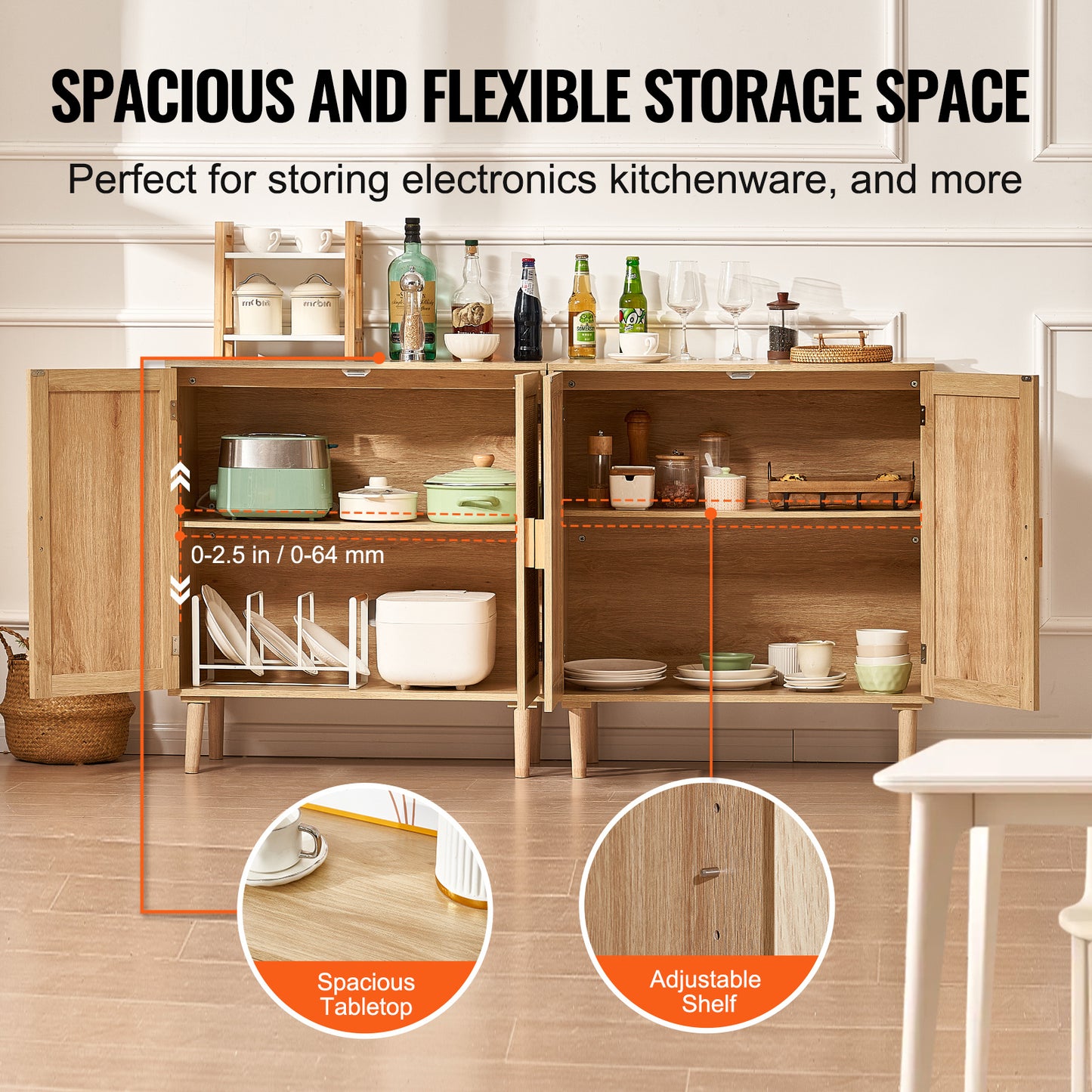 Rotan Kast – Opbergkast – Dressoir – Buffetkast – Ladekast – Handgevlochten Rattan Deuren – Verstelbare Planken – Set Van 2 – Natuurlijke Kleur