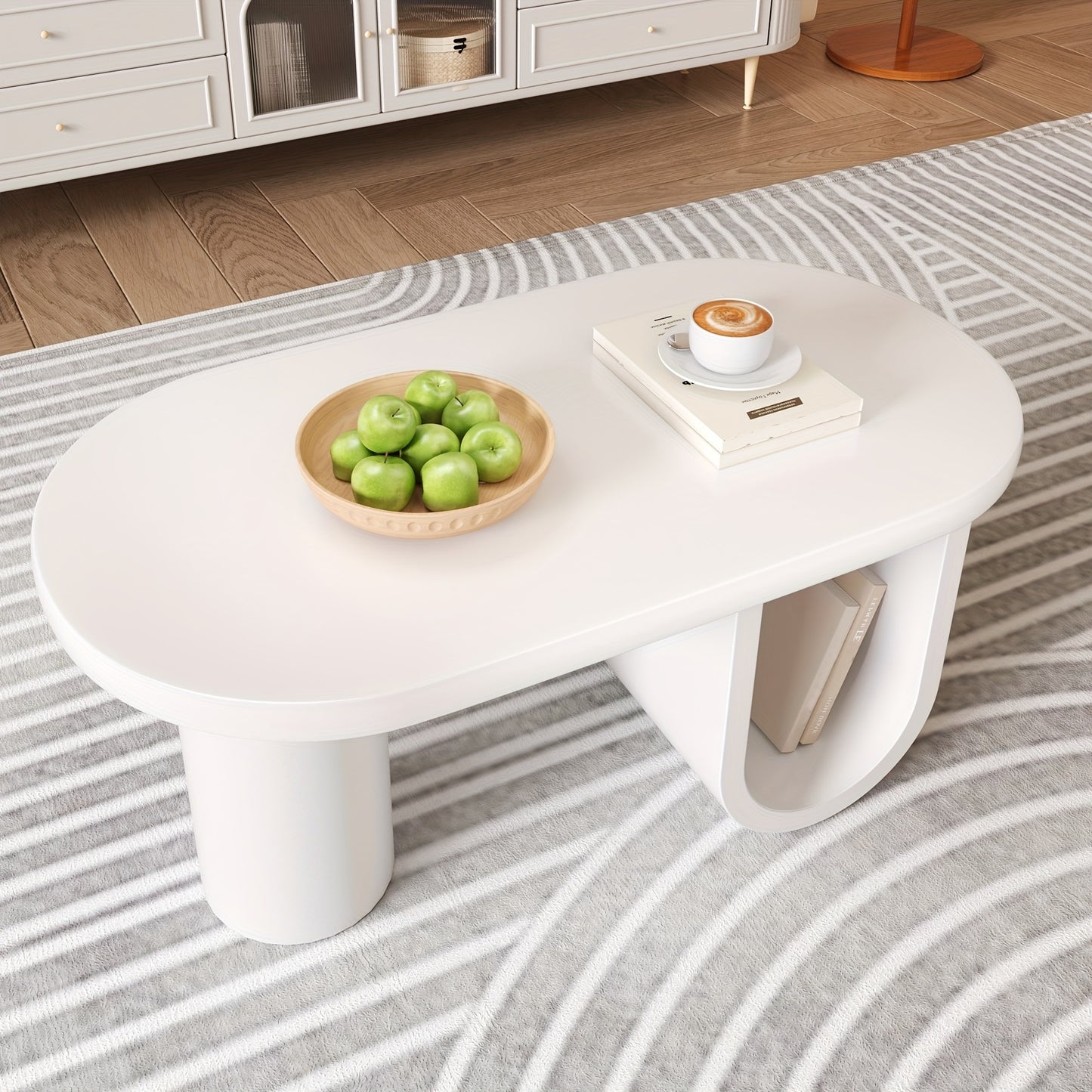 Contemporary White Oval Coffee Table Featuring a Minimalist Design, Sturdy U-Shaped Legs, Low-Maintenance Surface, Perfect for The Living Room, Ample Storage Capacity, Measurements: 98.5 X 53.5 X 42 Cm.