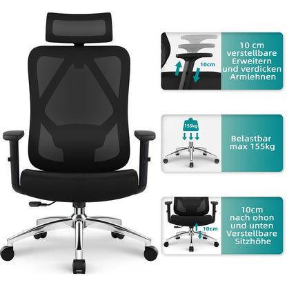 Ergonomische Bureaustoel – Bureaustoel Kantoorstoel Werkstoel Draaistoel – Variant A – Verstelbare Rugleuning 90-135° – 3D Lendensteun Met Memory Foam Zitting