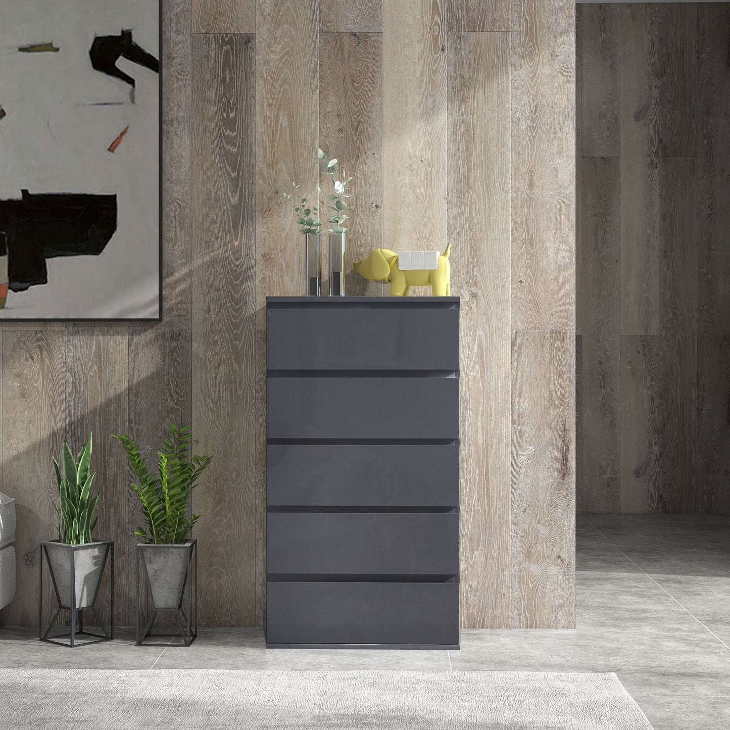 Ladekast – Ladekasten – Opbergkast – Commode – Dressoir – Grijs – 5 Lades – Soft-Close Lades – 53x33x100 cm – Hoogglans Afwerking