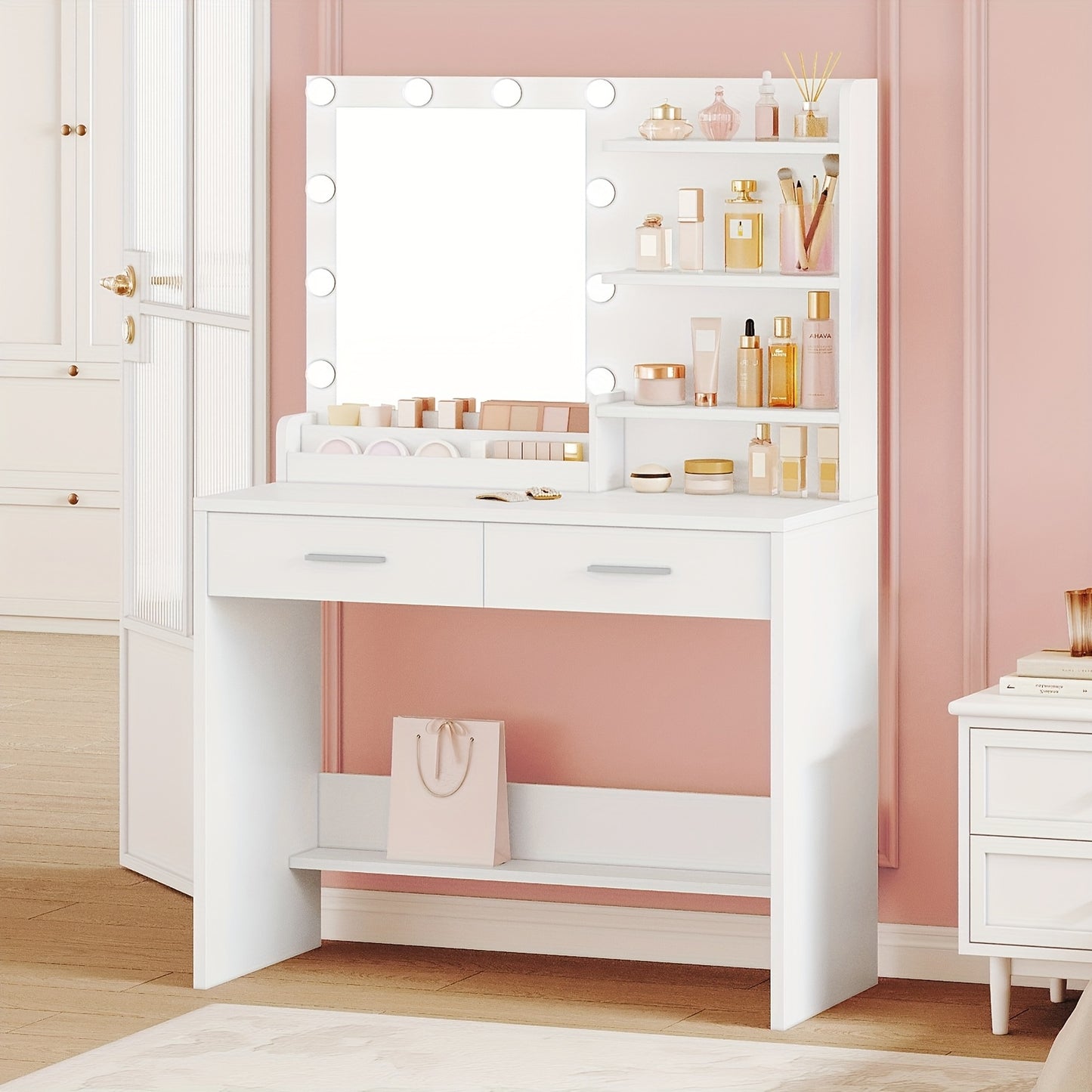 Dressing Table – Make-up Tafel – Vanity – Make-up Spiegel – Kaptafel – LED Verlichting – 90 cm Wit – 3 Helderheidsniveaus – 2 Laden & 4 Open Vakken