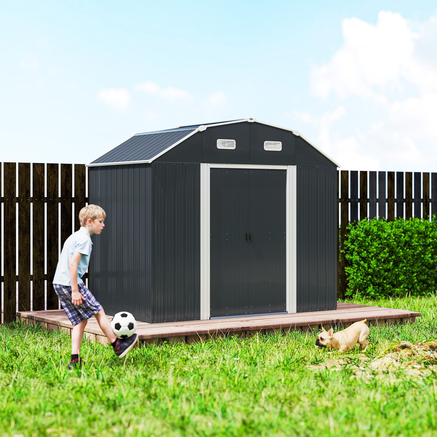 Tuinhuis – Tuinhuisopslag – Tuinhok – Berging – Schuur – Donkergrijs – Weerbestendig Kunststof – Dubbele Deuren Met Ramen – 238x132x198,5 cm