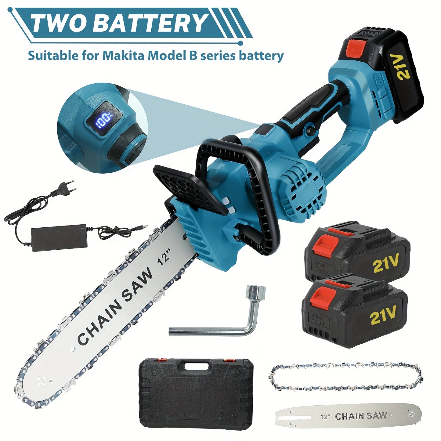 Accukettingzaag – Snoeizaag – Takkenzaag – Handkettingzaag – Mini kettingzaag – Draadloos – Borstelloze Motor – 30,48 cm Zaagblad – Inclusief 2 Batterijen en Olie-systeem