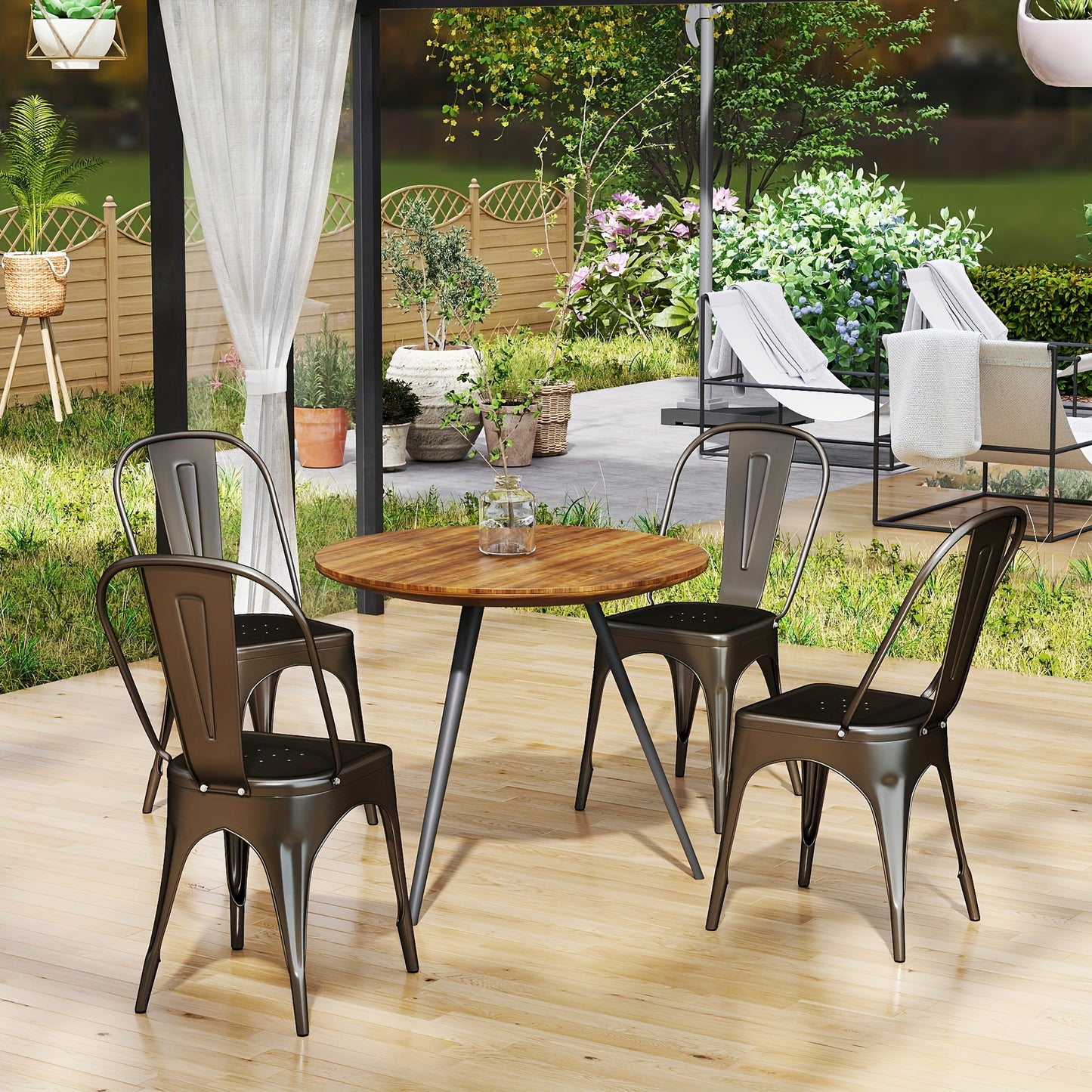 EGoonm Set of 4 Heavy-Duty White Metal Dining Chairs - Stackable Industrial Modern Kitchen Table Set with Removable Backrest, Space-Saving Bistro Cafe Chairs, Easy Assembly & -Slip Feet for Indoor/Outdoor Use (No Cushioning)