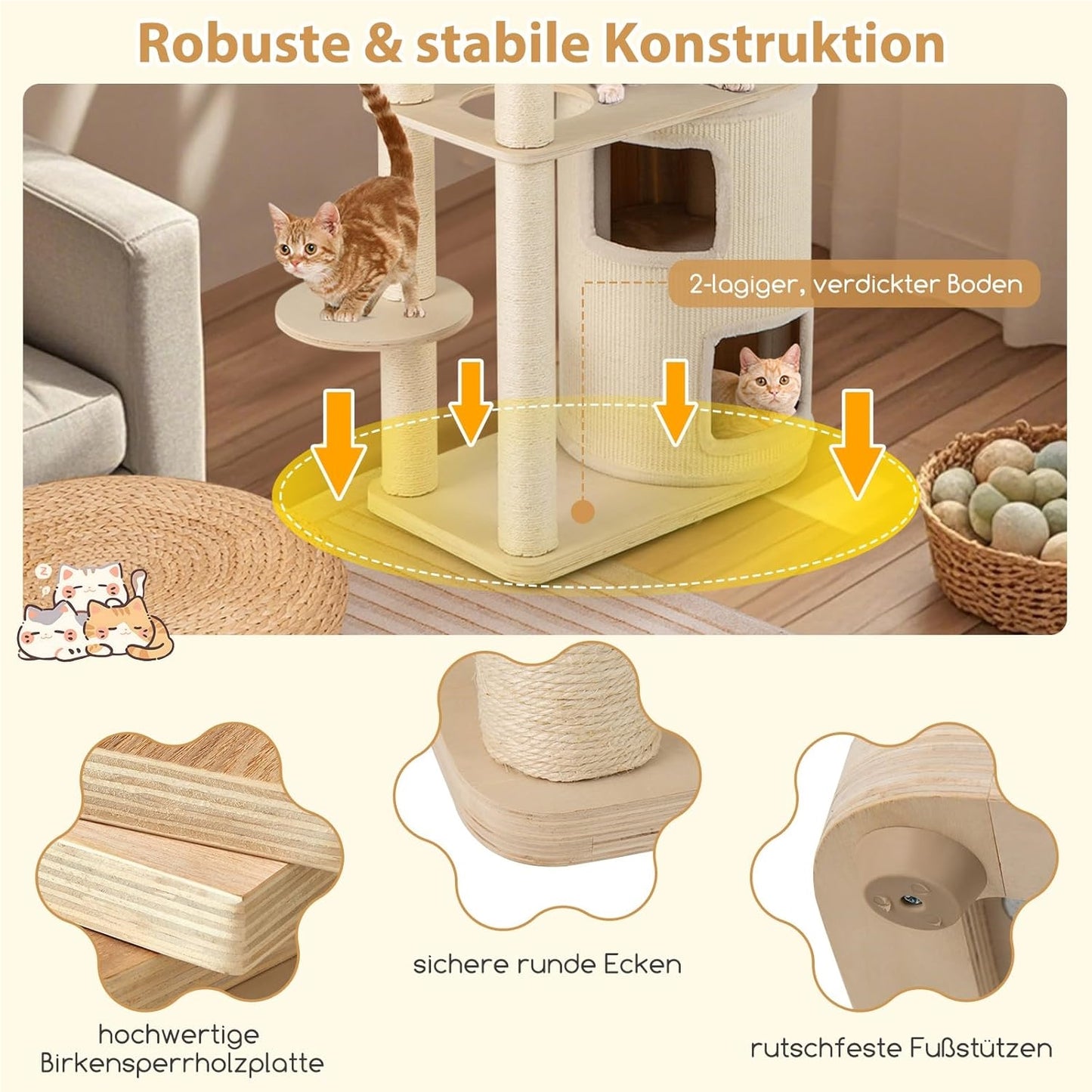 Krabpaal Kat – Klimboom Kattenmeubel – Speelboom Kat – Krabton – Kattenhuis – 151 cm Hoog – Natuurlijk Houten Sisal Krabpost