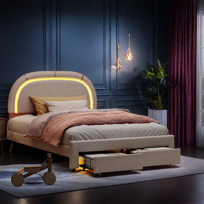 Bed – Bedframe – Led-bed – Stijlvol Tweepersoonsbed – Opberglades Bed – Velvet Hoofdbord – Usb Oplaadpoort – 140x200 cm Off-white