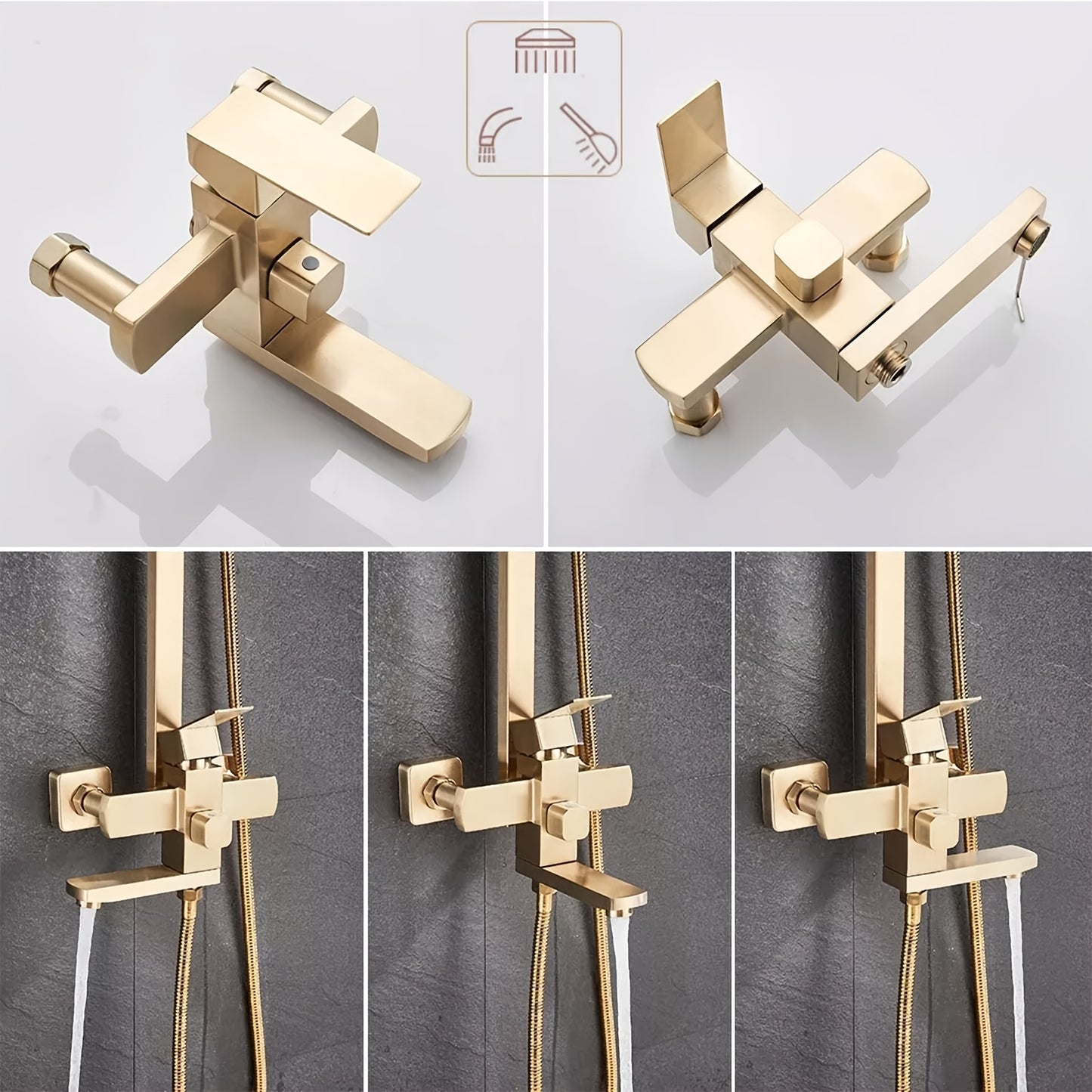Douche Set – Regendouche – Handdouche – Badkamerkraan – Doucheset – Geborsteld Goud – 20,32 cm Vierkante Hoofddouche – Verstelbare Handdouche – Enkelhendel – Messing & RVS