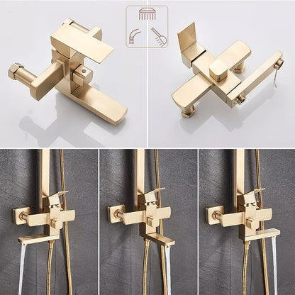 Douche Set – Regendouche – Handdouche – Badkamerkraan – Doucheset – Geborsteld Goud – 20,32 cm Vierkante Hoofddouche – Verstelbare Handdouche – Enkelhendel – Messing & RVS