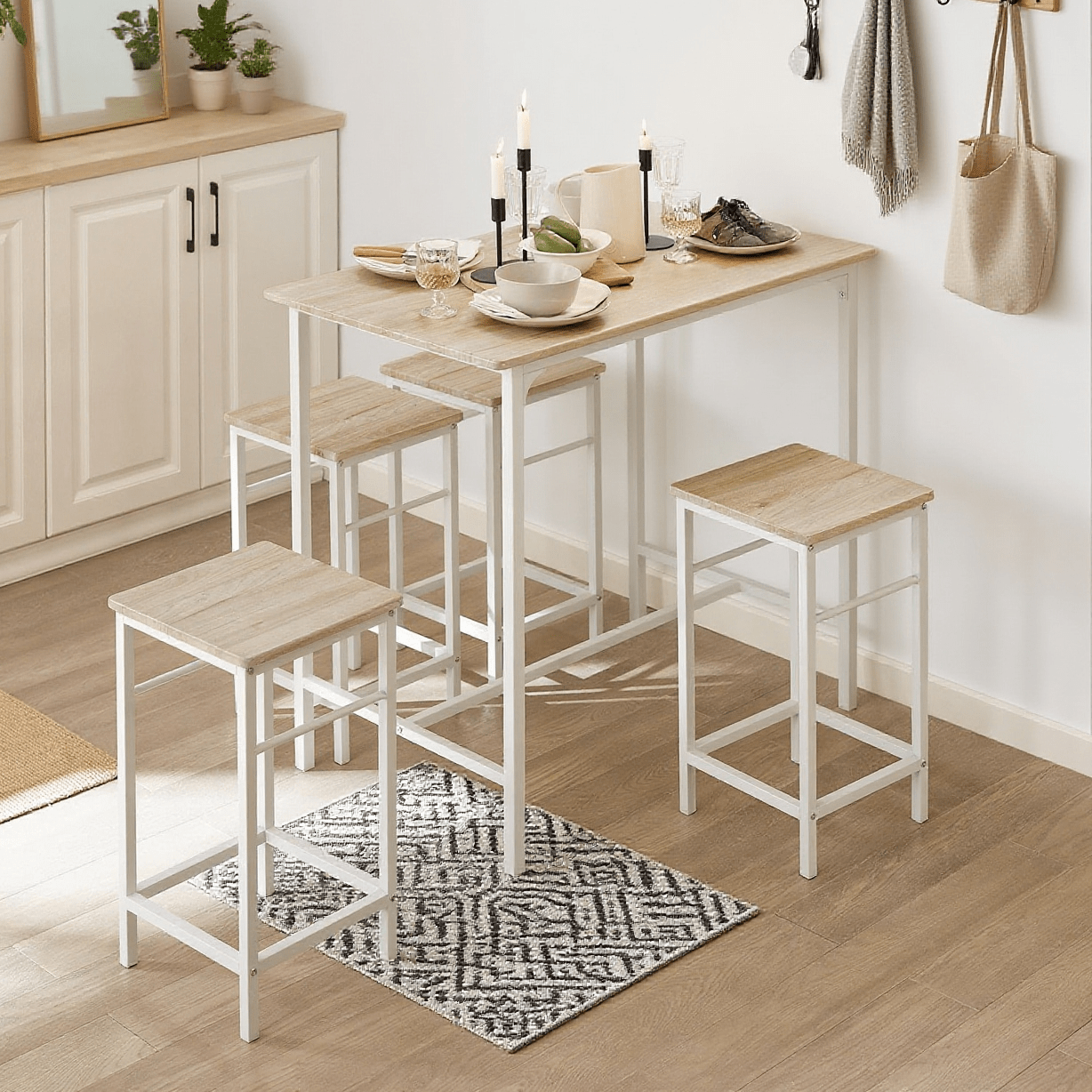 Bartafel – Barset – Keukentafel – Bistrotafel – Eettafel – MDF Met Houtfineer – Inclusief 4 Krukken – Compact Ruimtebesparend Design