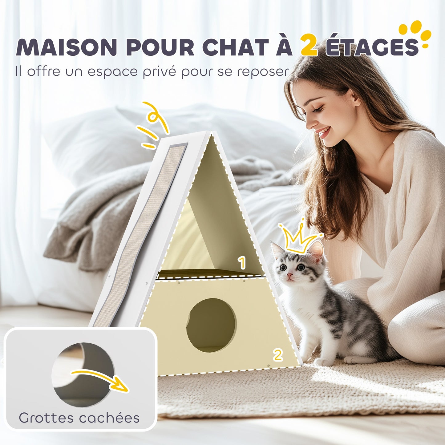 Kattenhuis – Kattenmand – Kattenhol – Kattenhut – Kattenverblijf – 2 Verdiepingen Met Matten – 4 Sisal Krabpalen – Hout – Wit-Beige