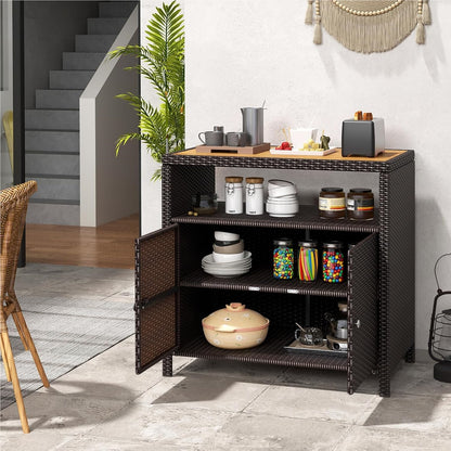 Tuinkast Rattan Opbergkast Bergkast Buitenopberger Terraskast – Bruin – Acaciahouten Werkblad – Verstelbare Voetjes – 90x53x86 cm