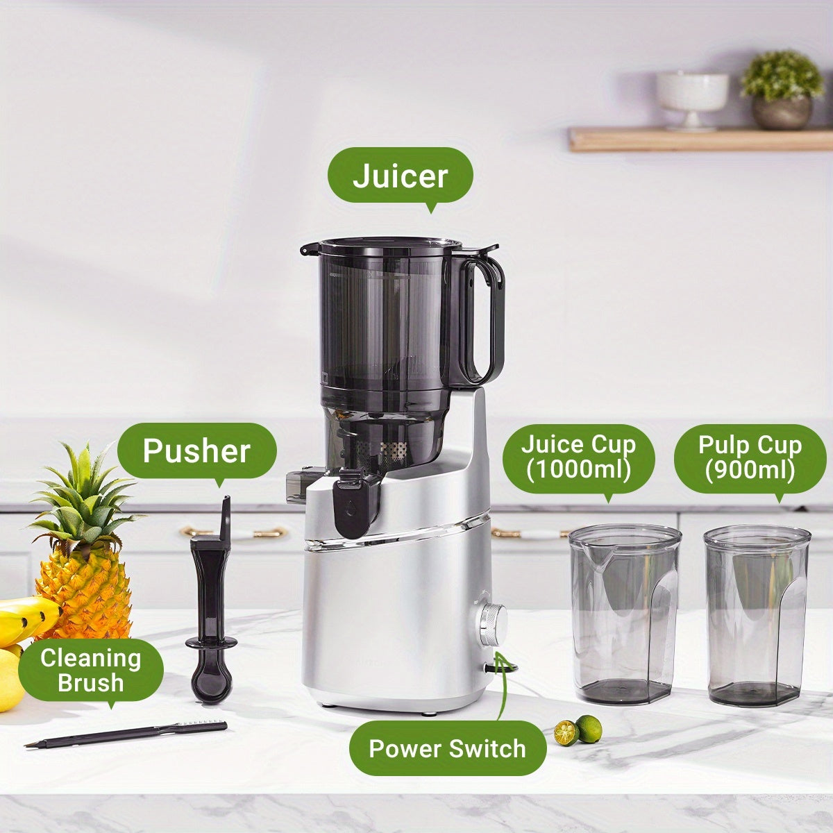 Slowjuicer – Langzame Juicer – Sapcentrifuge – Fruitpers – Groentepers – Ruime Vulopening 135 Mm – Grote Inhoud 1,8 Liter - Zilver