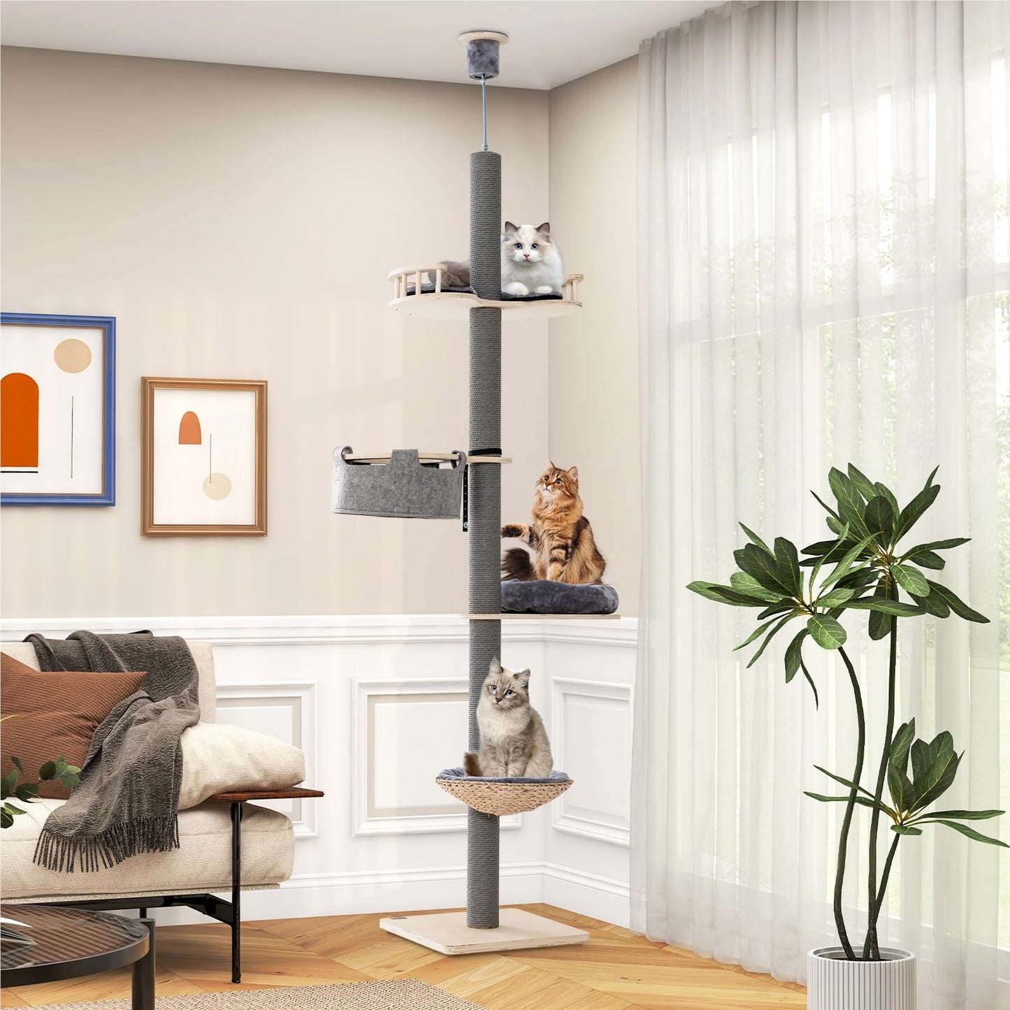 Krabpaal – Krabmeubel – Kattenpaal – Krabton – Klimpaal – Verstelbaar 236-271 cm – Vloer tot Plafond Design – 5 Niveaus Met Hangmat & Mandje – Natuurlijk Multiplex – Ruimtebesparend Grijs Natura