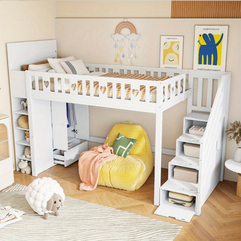 Hoogslaper – Opklapbaar Bed – Stapelbed – Kinderbed – Eenpersoonsbed – Wit Gelakt – Hartvormige Beveiliging – Opbergladder Met Planken – 90x200 cm – Zonder Matras