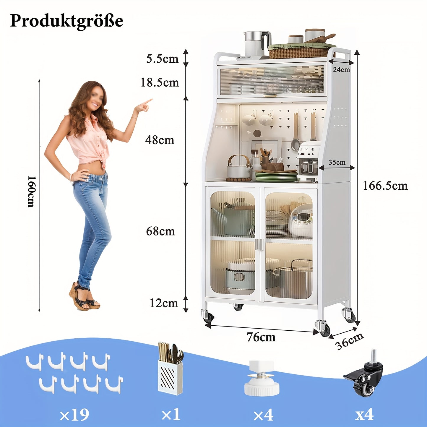Keukenkast Op Wielen – Opbergrek – Boekenkast – Broodkast – Woonkamerkast – Wit – Rollend En Ruim 94,8x49,2x41,2 cm – Stalen Materiaal