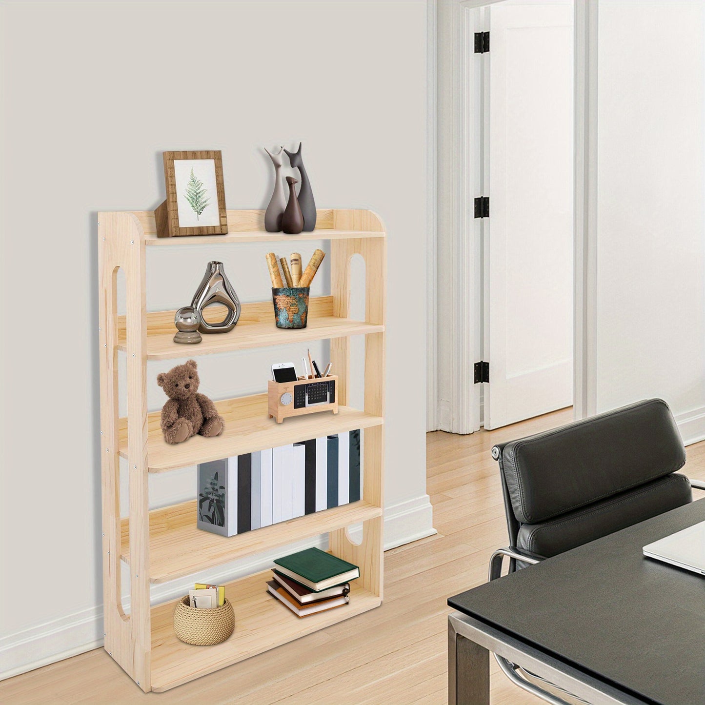 5-Tier Heavy-Duty Standing Bookshelf with Sturdy Metal-Reinforced Shelves - Natural Pine Wood Freestanding Storage Shelf, 68.58cm Tall Bookcase with 50Kg Capacity, Easy Assembly for Conference Room, Office, Storage Room - Mod