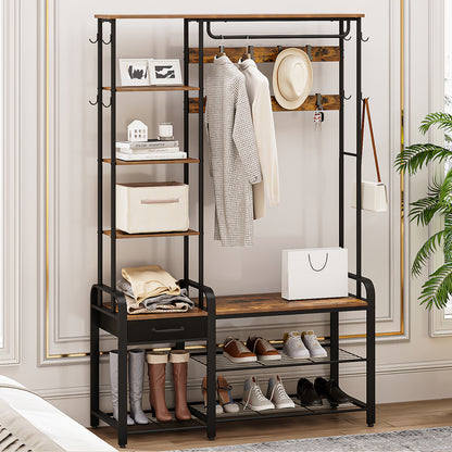 Kapstok – Jassenrek – Schoenenbank – Garderoberek – Wandkapstok – 5-in-1 Multifunctioneel – Stevig Metaal & Houten Platen – 120x40x182 cm – Draagvermogen 90 kg