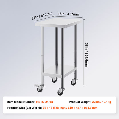 RVS Werktafel – Werkbank – Inrichtingskast – Keukentafel – Werkbanktafel – Verstelbare Planken – 4 Zwenkwielen Met Remmen